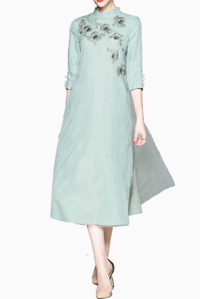 Elbow Sleeves 3D Floral Organza Cheongsam