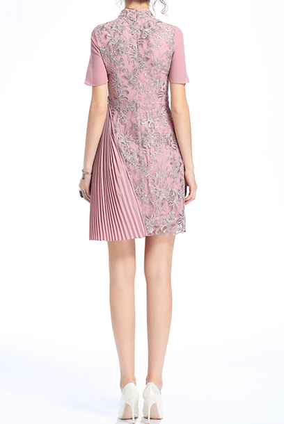 Short Sleeves Asymmetrical Lace Pleated Cheongsam