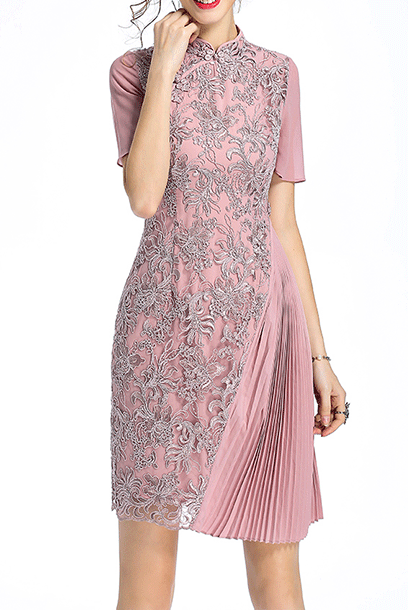 Short Sleeves Asymmetrical Lace Pleated Cheongsam