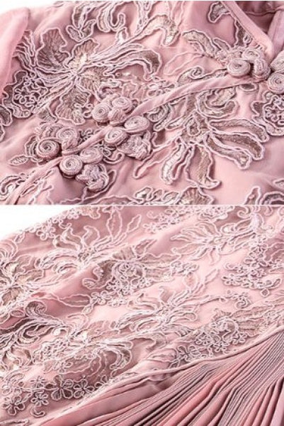 Short Sleeves Asymmetrical Lace Pleated Cheongsam
