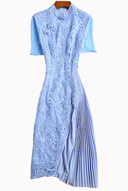 Short Sleeves Asymmetrical Lace Pleated Cheongsam