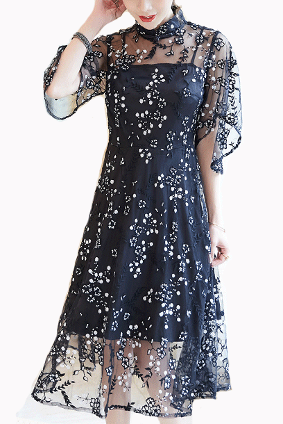 Bell Sleeves Floral Sequin Qipao Cheongsam