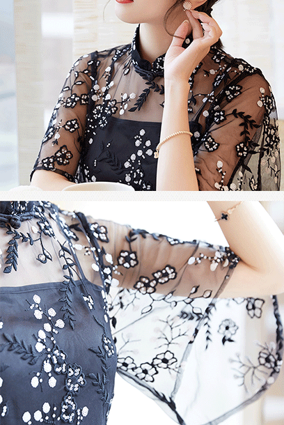 Bell Sleeves Floral Sequin Qipao Cheongsam