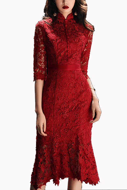 Elbow Sleeves Red Guipure Lace Cheongsam