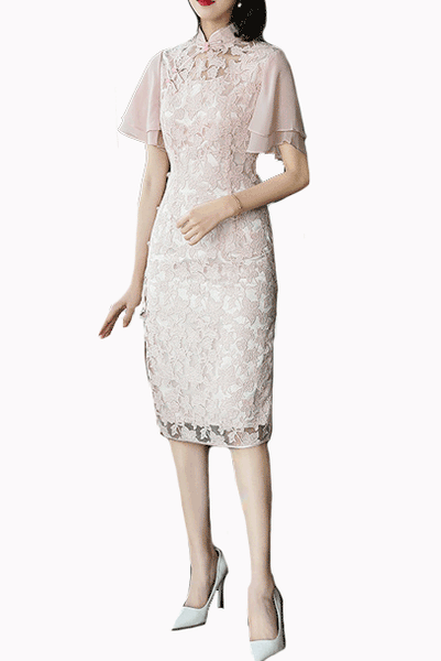 Bell Sleeves Pink Lace Cheongsam
