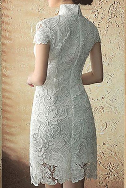 Cap Sleeves White Guipure Lace Bride Cheongsam Qipao
