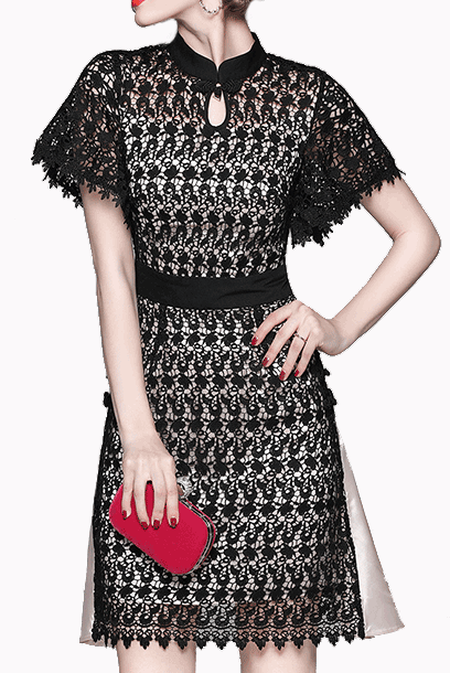 Bell Sleeves Black Lace Mini Cheongsam Qipao