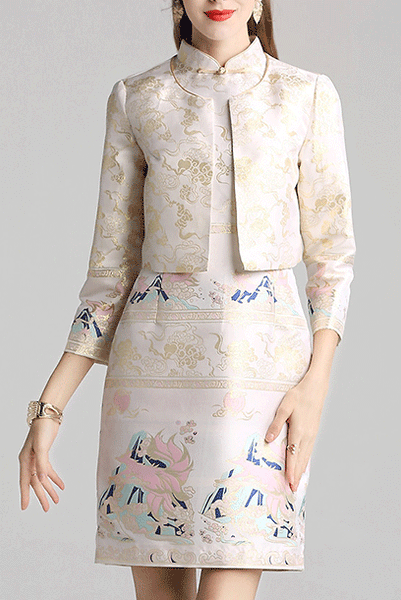 Oriental Jacquard Cheongsam Qipao Dress + Jacket Set