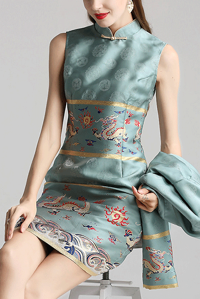 Oriental Jacquard Cheongsam Qipao Dress + Jacket Set