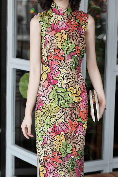 Sleeveless Foliage Midi Qipao Cheongsam
