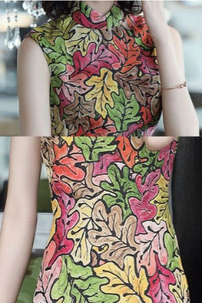 Sleeveless Foliage Midi Qipao Cheongsam
