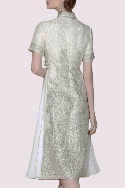 Short Sleeves Champagne Jacquard Qipao Cheongsam