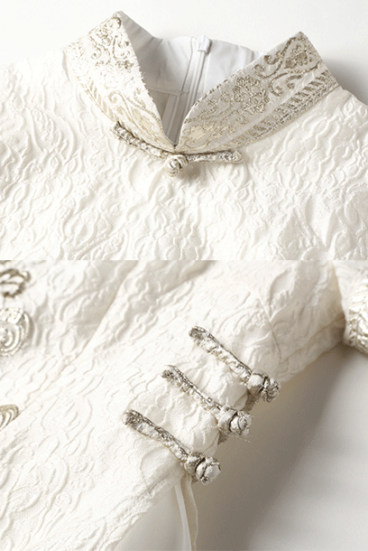Short Sleeves Champagne Jacquard Qipao Cheongsam