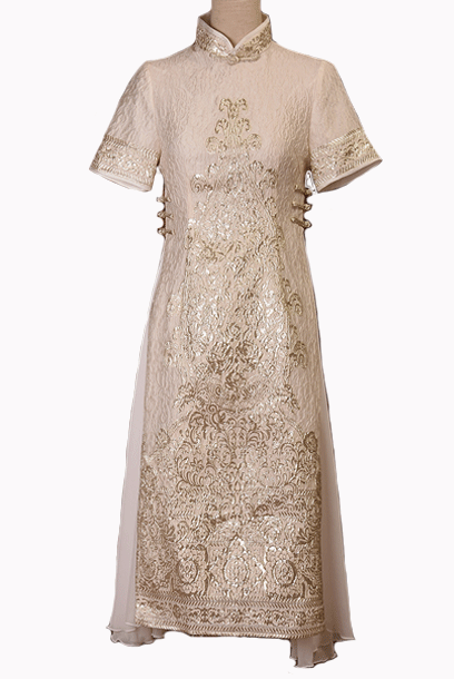 Short Sleeves Champagne Jacquard Qipao Cheongsam