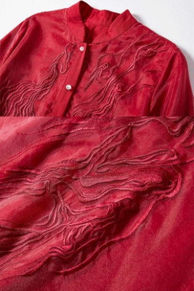 Elbow Sleeves Red Floral Organza Qipao Dress