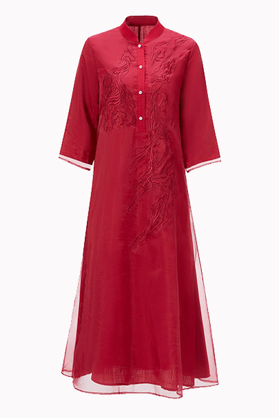 Elbow Sleeves Red Floral Organza Qipao Dress