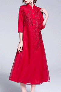 Elbow Sleeves Red Floral Organza Qipao Dress