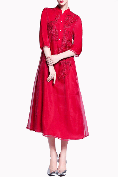 Elbow Sleeves Red Floral Organza Qipao Dress