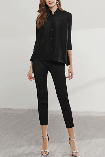 3/4 Sleeves Pleats Please Stand Collar Top Blouse