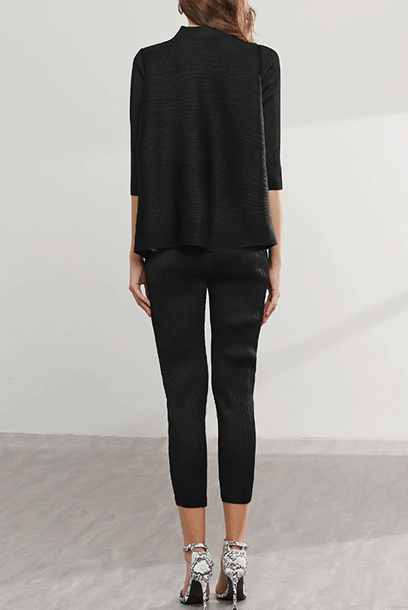 3/4 Sleeves Pleats Please Stand Collar Top Blouse
