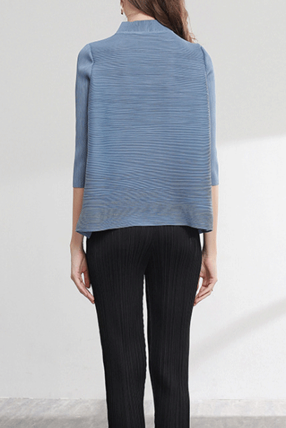 3/4 Sleeves Pleats Please Stand Collar Top Blouse