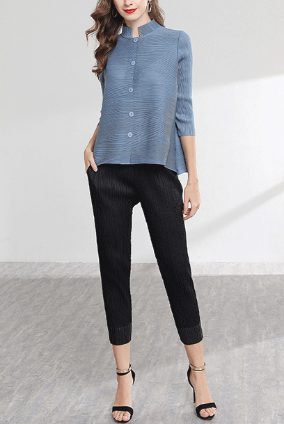 3/4 Sleeves Pleats Please Stand Collar Top Blouse