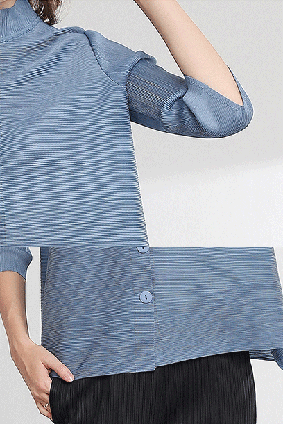 3/4 Sleeves Pleats Please Stand Collar Top Blouse