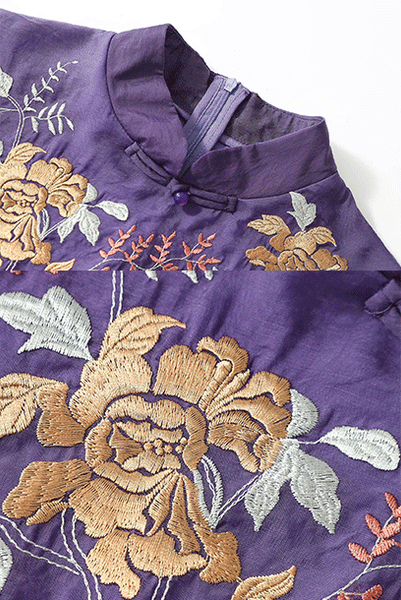 3/4 Sleeves Purple Floral Embroidered Qipao Cheongsam