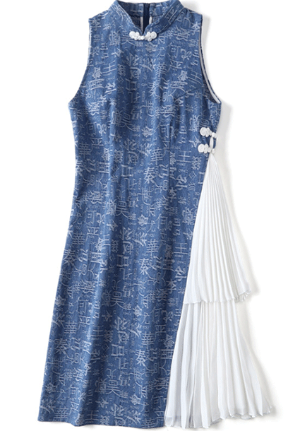 Sleeveless Denim Pleated Oriental Cheongsam Dress