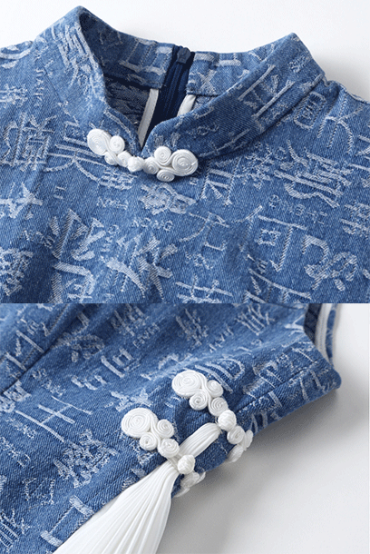 Sleeveless Denim Pleated Oriental Cheongsam Dress
