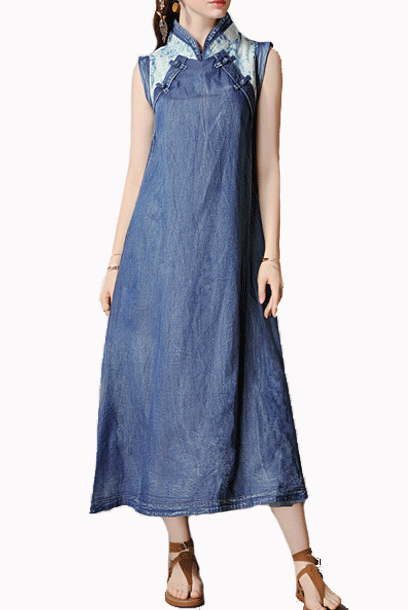 Sleeveless Denim A-line Maxi Cheongsam