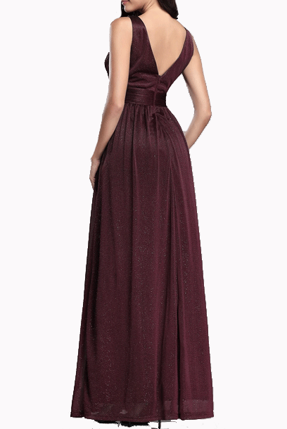 Sleeveless V Neckline Ruched Blue Evening Gown