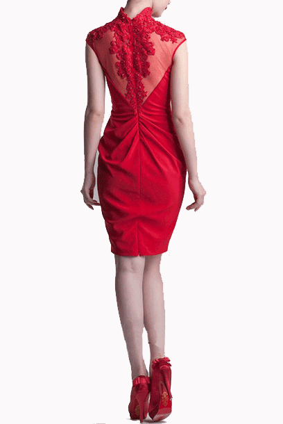 Cap Sleeves Embellished Sheer Back Red Cheongsam Qipao