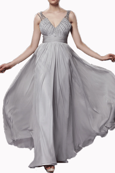 Embellished Straps V Neck Silver Evening Gown