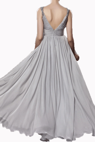 Embellished Straps V Neck Silver Evening Gown