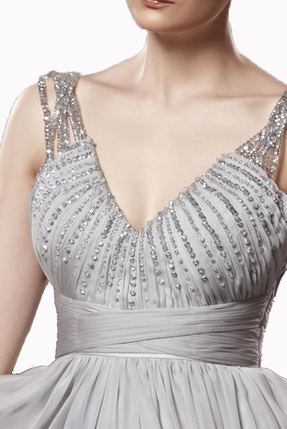 Embellished Straps V Neck Silver Evening Gown