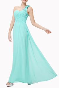 One Shoulder Petals Turquoise Evening Gown