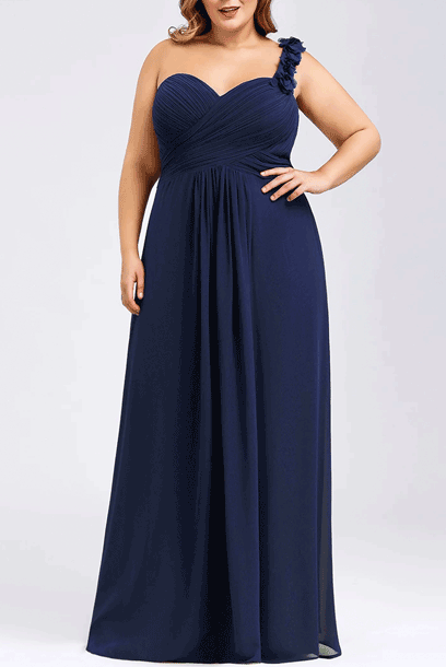 One Shoulder Petals Navy Evening Gown