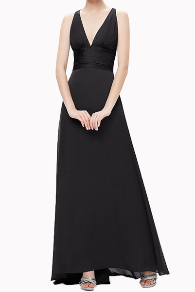 Deep V Ruched Cross Back Evening Gown