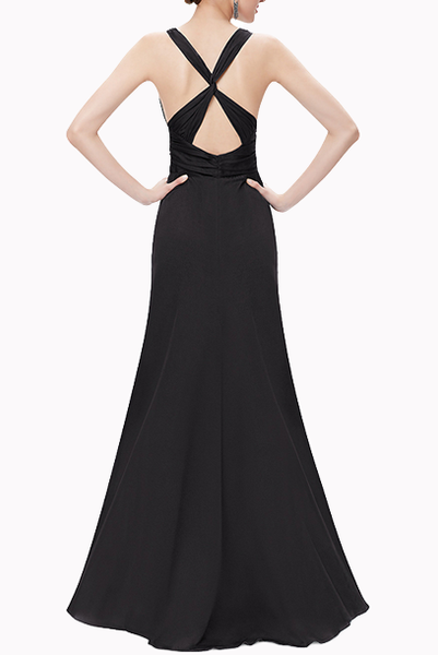 Deep V Ruched Cross Back Evening Gown