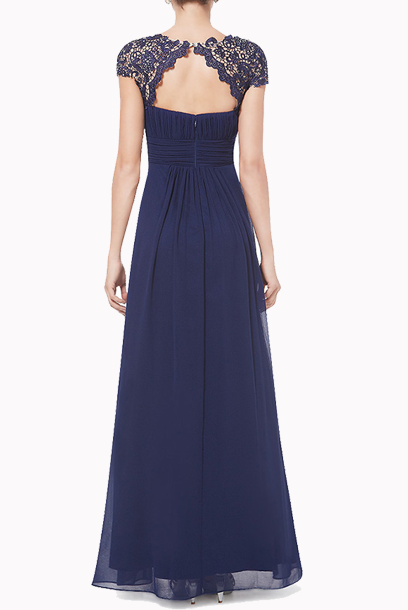 Cap Sleeves Navy Lace Bodice Evening Gown