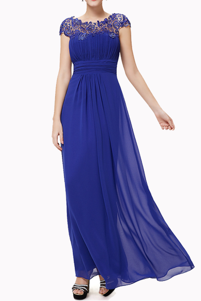 Cap Sleeves Royal Blue Lace Bodice Evening Gown