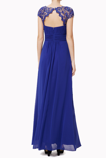 Cap Sleeves Royal Blue Lace Bodice Evening Gown