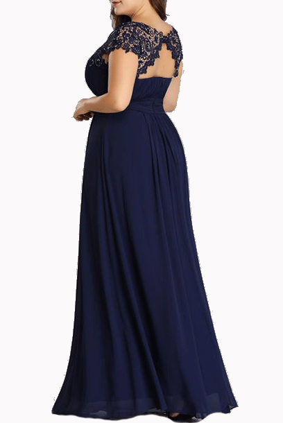 Cap Sleeves Navy Lace Bodice Evening Gown