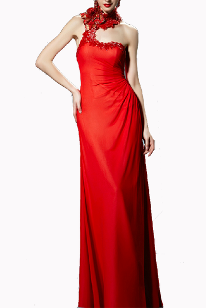 Embellished Floral Strapless Red Evening Gown