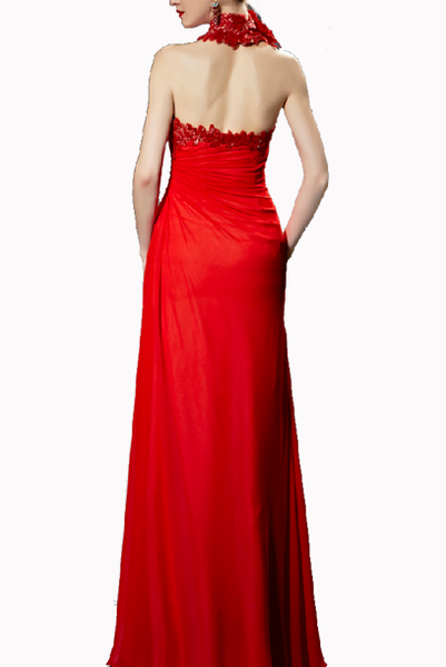 Embellished Floral Strapless Red Evening Gown