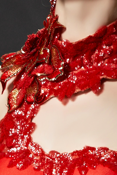 Embellished Floral Strapless Red Evening Gown