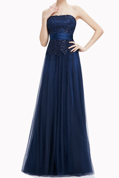 Gatsby Strapless Lace Sequin Blue Evening Gown