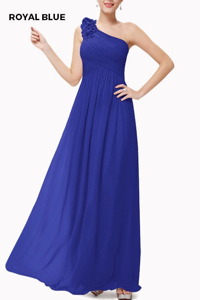 One Shoulder 3D Floral Royal Blue Evening Gown