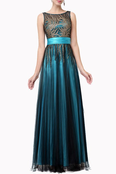 Plus Size Sleeveless Sequin Tulle Mesh Teal Evening Gown